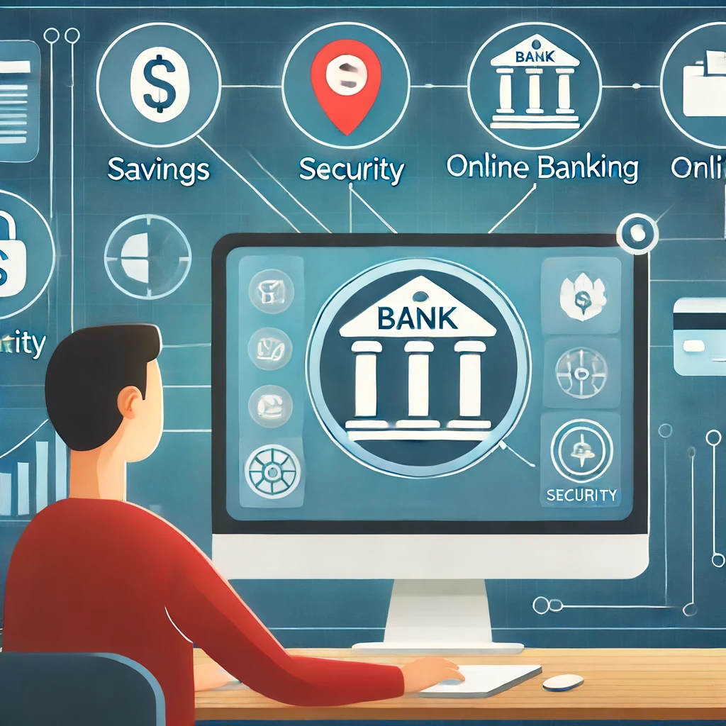 A digital illustration of a person comparing different bank options on a computer screen, focusing on their features and benefits. The background includes icons for savings, security, and online banking services.