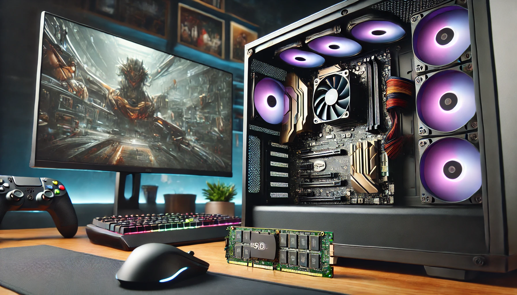 A close-up of a high-performance gaming PC with visible internal components, focusing on an M.2 NVMe SSD and a large HDD. The background shows a modern gaming desk setup with a large monitor displaying a game, a gaming keyboard, mouse, and other gaming accessories.