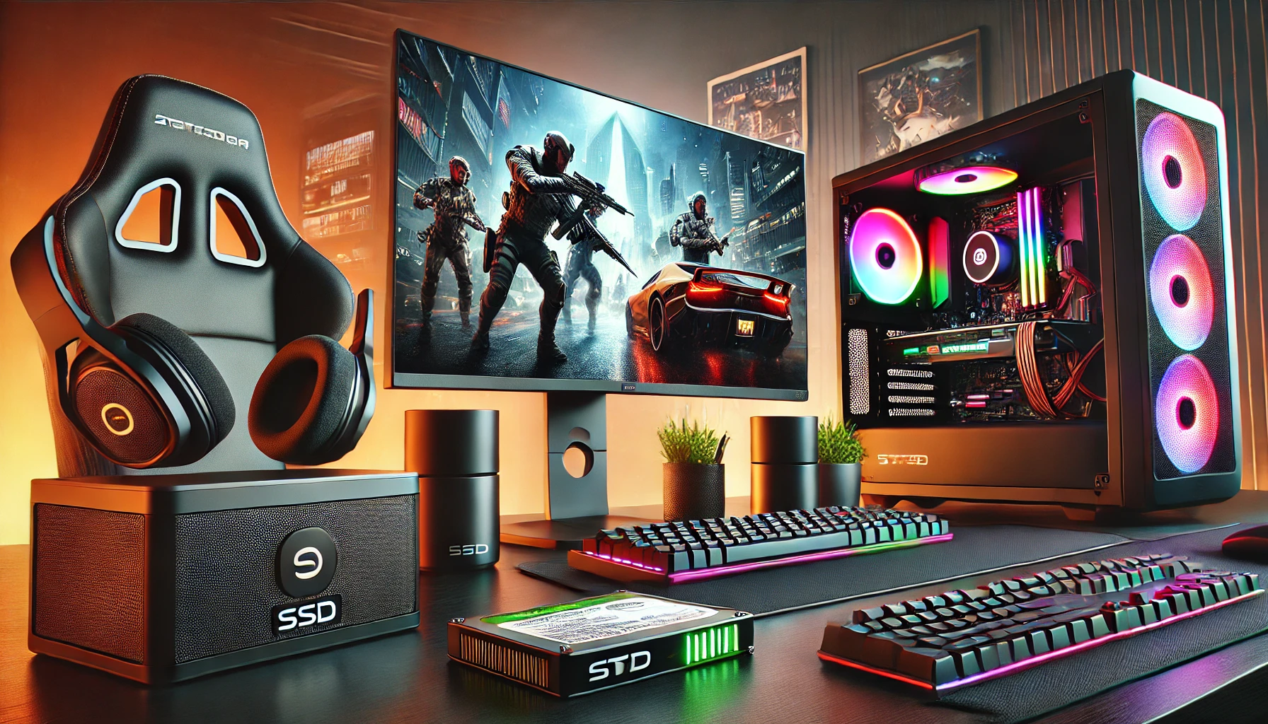 A detailed view of a modern gaming setup focusing on external storage options, including an external SSD and an external HDD placed on a computer desk. The setup includes a high-performance gaming PC, a large monitor showing a game, and various gaming accessories like a headset, a gaming chair, and RGB lighting.