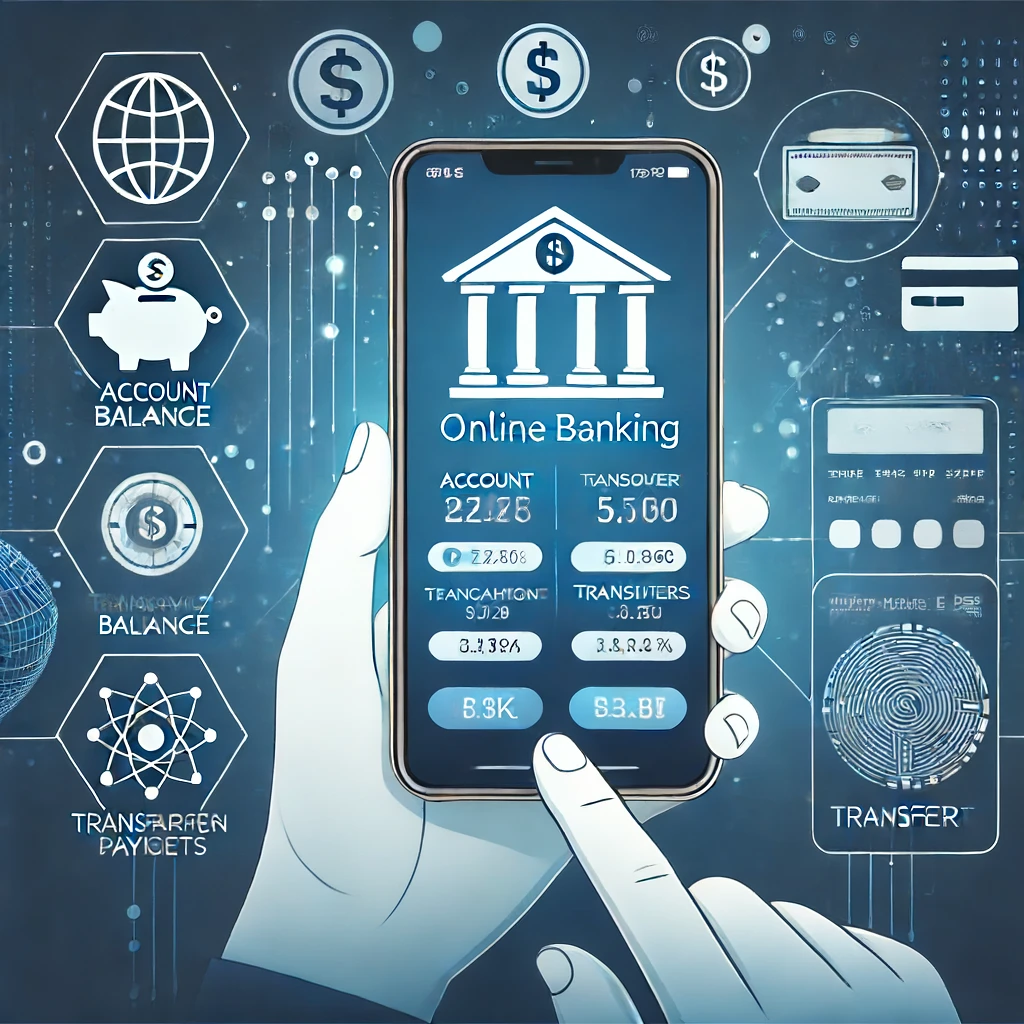 A digital illustration of a smartphone screen displaying an online banking app, with a focus on features like account balance, transaction history, and transfer options. The background includes icons representing financial management and digital payments.