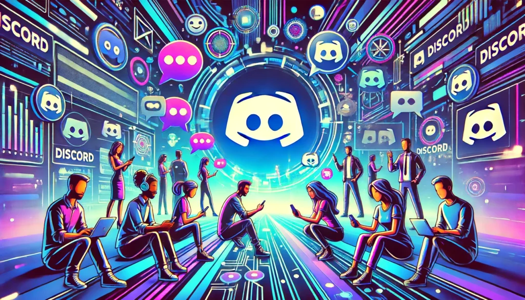 A vibrant and dynamic scene inspired by Discord. The image features a group of diverse people chatting and interacting on their devices, with a futuristic and high-tech background. The color scheme is predominantly blue and purple, with neon accents. Icons and symbols representing communication, such as speech bubbles and emojis, are integrated into the design. The overall atmosphere is lively and energetic, reflecting the community and connectivity of Discord.