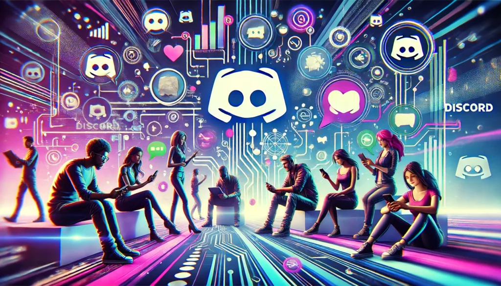 A vibrant and dynamic scene inspired by Discord. The image features a group of diverse people chatting and interacting on their devices, with a futuristic and high-tech background. The color scheme is predominantly blue and purple, with neon accents. Icons and symbols representing communication, such as speech bubbles and emojis, are integrated into the design. The overall atmosphere is lively and energetic, reflecting the community and connectivity of Discord.