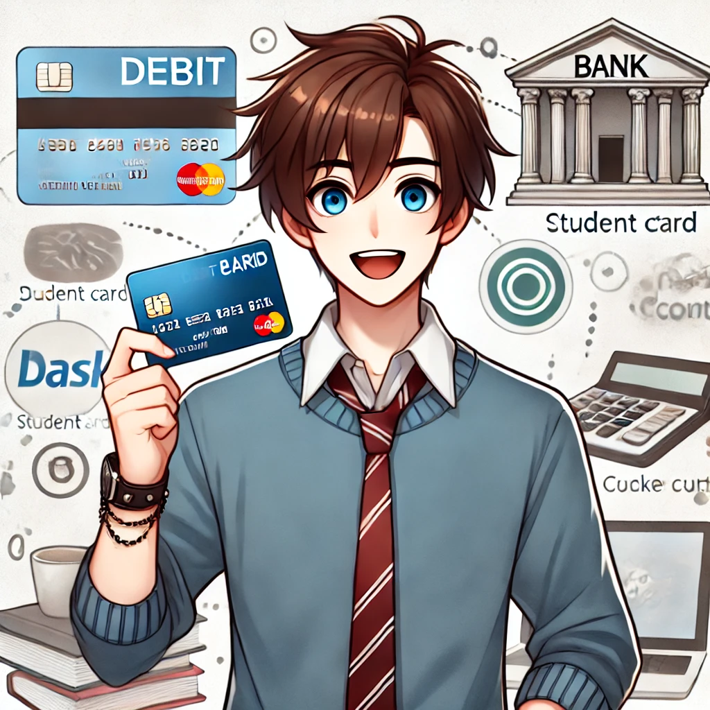 A cheerful anime-style college student holding a debit card and smiling, with various bank logos in the background. The student is casually dressed and appears confident. The background includes symbols of student life like books, a laptop, and a coffee cup, suggesting a busy but successful student life. The overall vibe is friendly and approachable, aimed at attracting students to open a bank account.