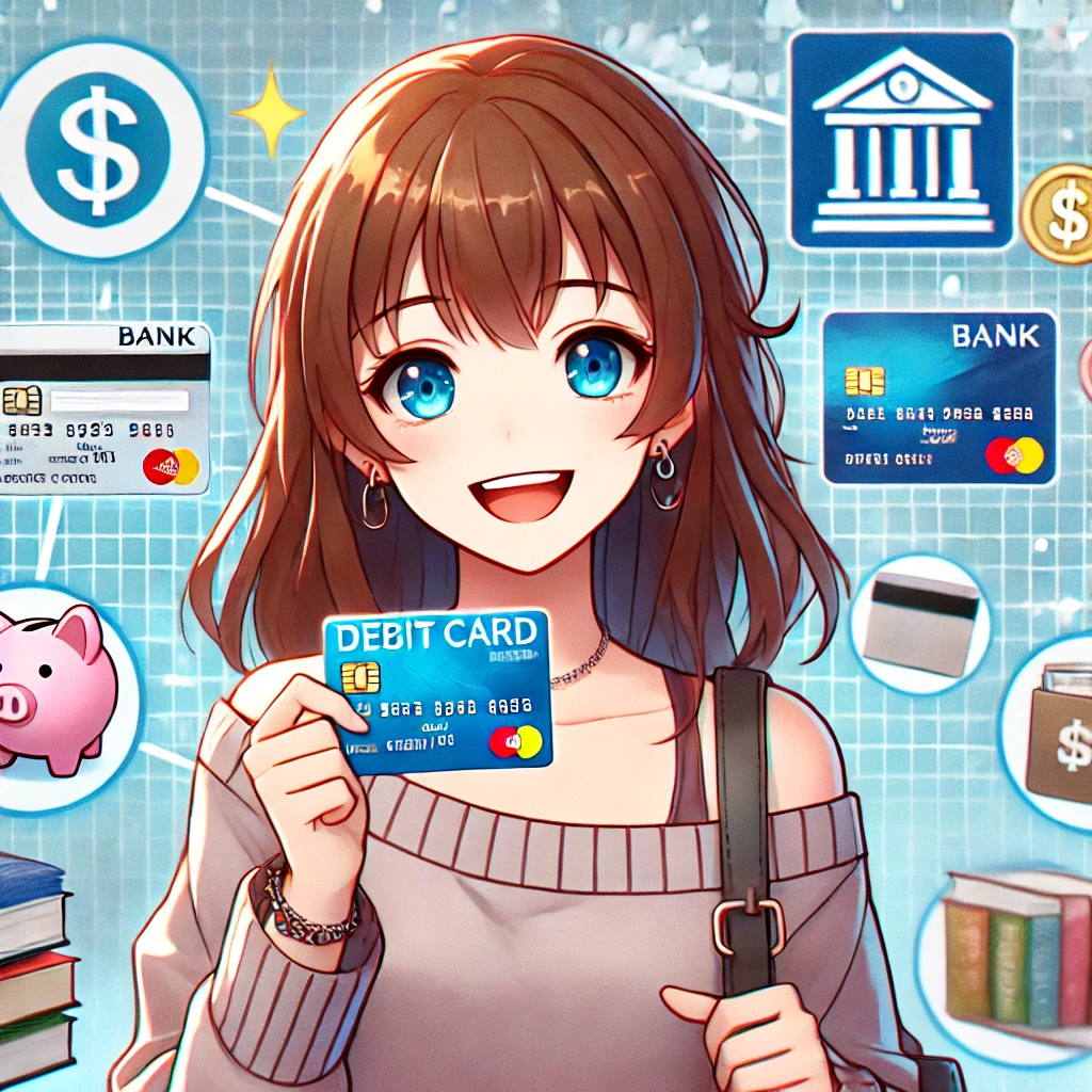 A cheerful anime-style college girl holding a debit card and smiling, with various bank logos in the background. She is casually dressed and appears confident. The background includes symbols of student life like books, a laptop, and a coffee cup, suggesting a busy but successful student life. The overall vibe is friendly and approachable, aimed at attracting female students to open a bank account.