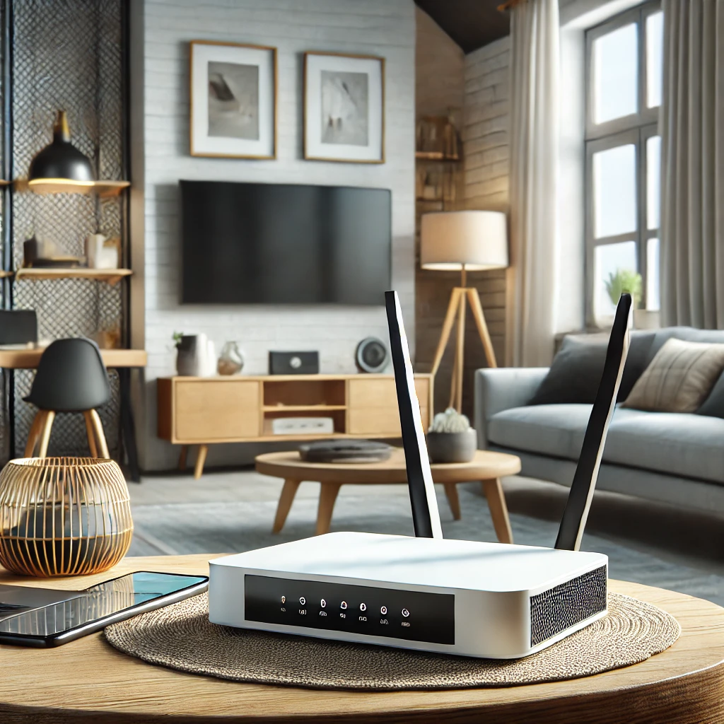 A modern home setting with a sleek and stylish Wi-Fi router on a wooden table. The router is compact, with multiple antennas, indicating high performance. In the background, a cozy living room with minimalistic decor, a sofa, a coffee table, and a flat-screen TV. The atmosphere is bright and airy with natural light coming through large windows. Various devices like a laptop, smartphone, and tablet are also visible, indicating connectivity and smart living.