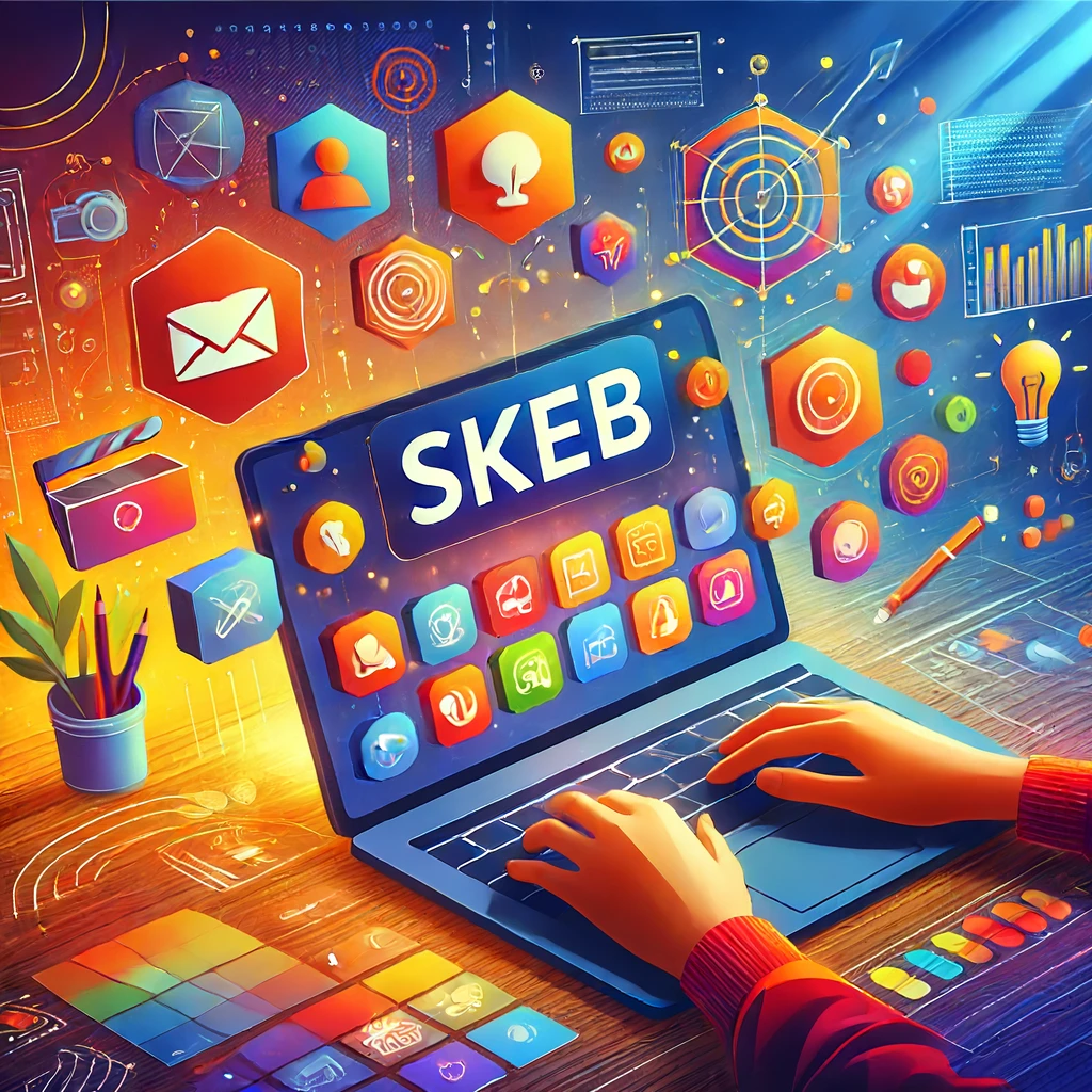 A digital illustration of a person using Skeb on a laptop, with vibrant colors and a modern design. The background includes icons representing different types of creative work such as illustrations, designs, and animations.